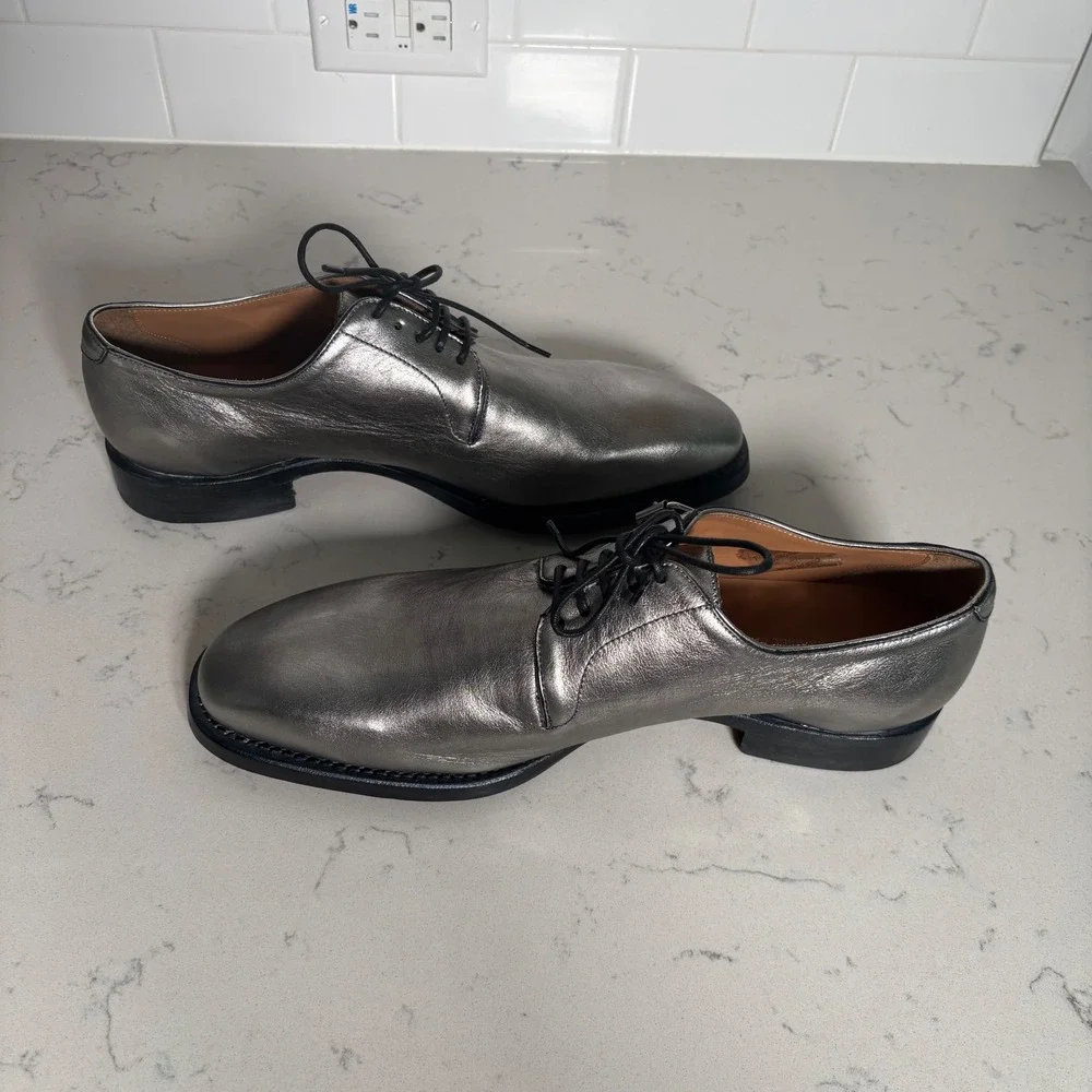 John Varvatos Mens Metallic Silver Leather Derby Buckle Shoes Size 11
